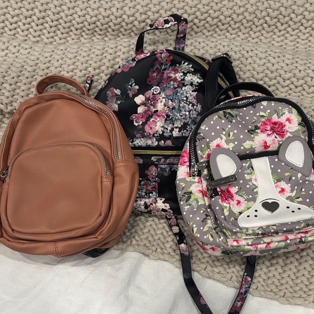 Three Mini Backpacks - Floral, Dog Face & Tan